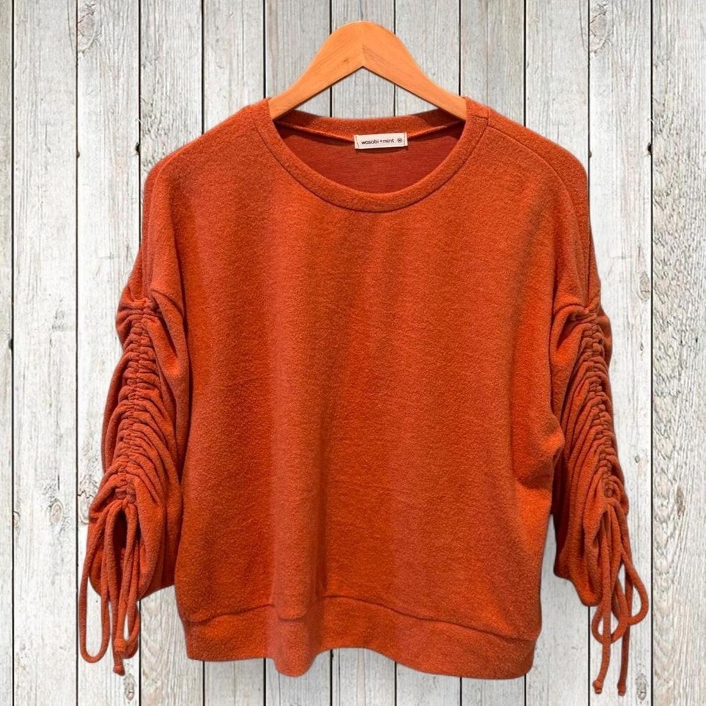 Wasabi + Mint Rust Orange Ruched Drawstring Sleeve Sweatshirt Medium